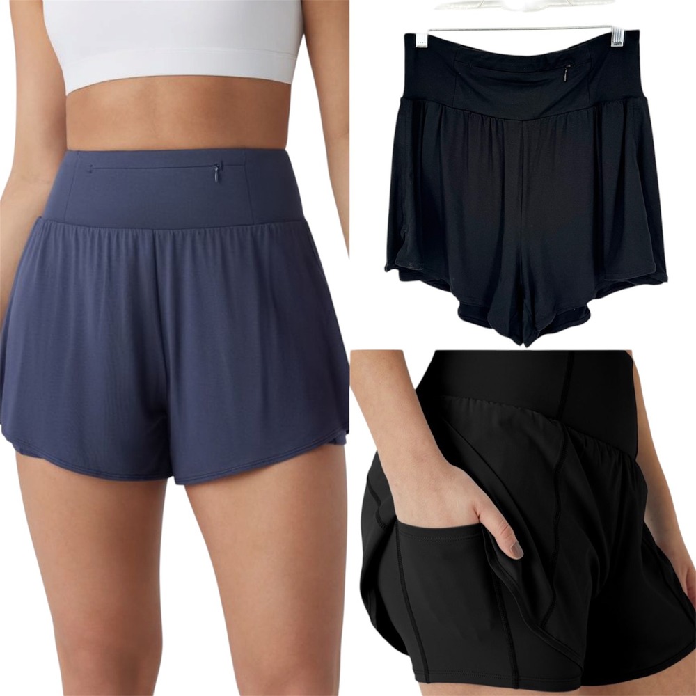 Halara High Waisted Multiple Pockets Split 2 in 1 Yoga Shorts Black S Athletic